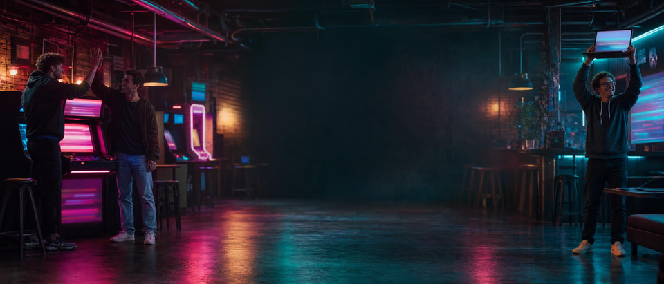 Illustration: a team celebrating a launch in a neon arcade bar
