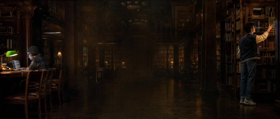 Illustration: a late study session in a library