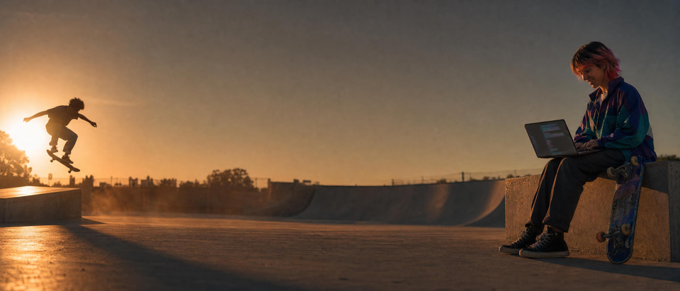 Illustration: coding at a skate park at golden hour