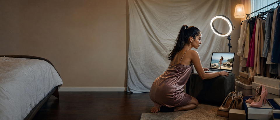 A reseller seeing her bedroom outfit photo placed in a sunlit villa