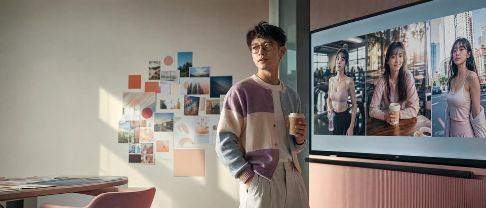 A brand marketer reviewing an invented virtual influencer across many scenes