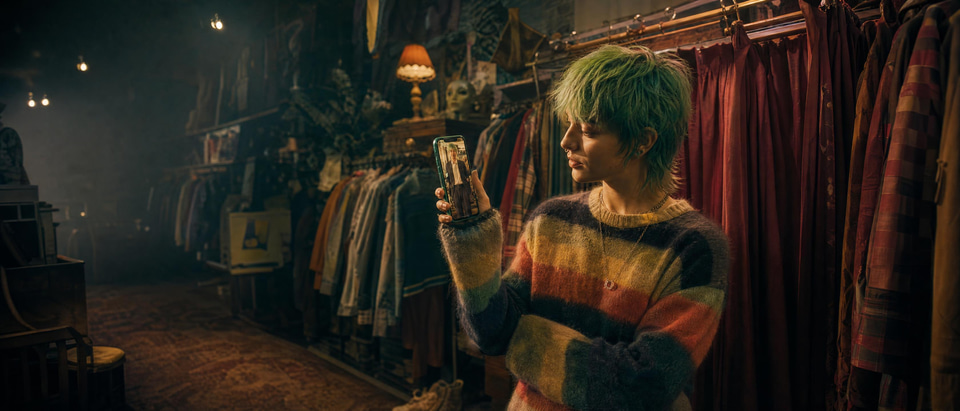 A shopper in a thrift store trying a different outfit on their own photo