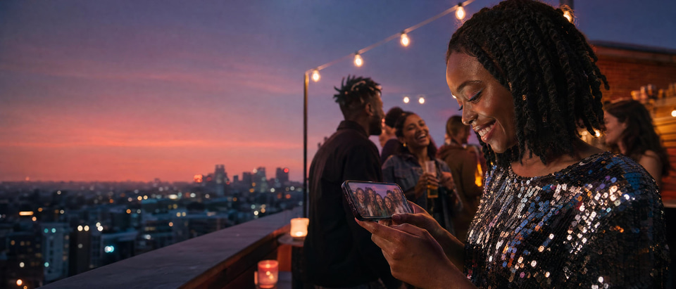A young woman at a rooftop party looking at a group photo where everyone's eyes are open