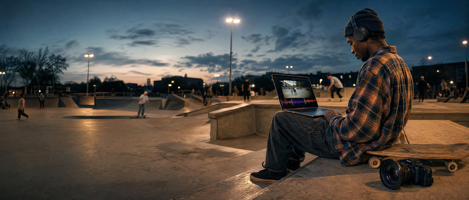 A skate filmer at dusk adding sound effects to his clip on a laptop