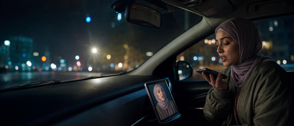 A creator recording a voice note in her parked car while her photo speaks the words