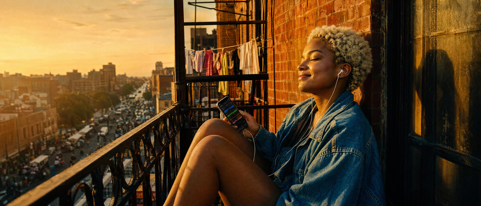 A singer on a fire escape hearing a full band added under her voice memo