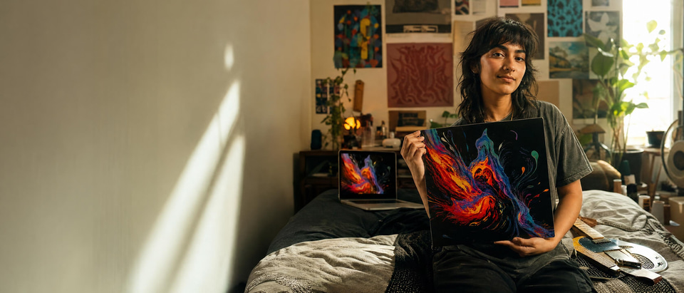 A bedroom artist holding up a print of the cover art made for her new track