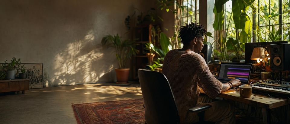 A producer stretching a short loop into a full song in a sunlit loft