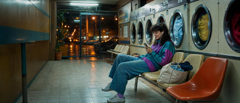 A young woman in a laundromat at night smiling at a song she just made