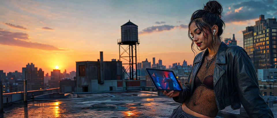 An indie singer on a rooftop watching a music video made for her song