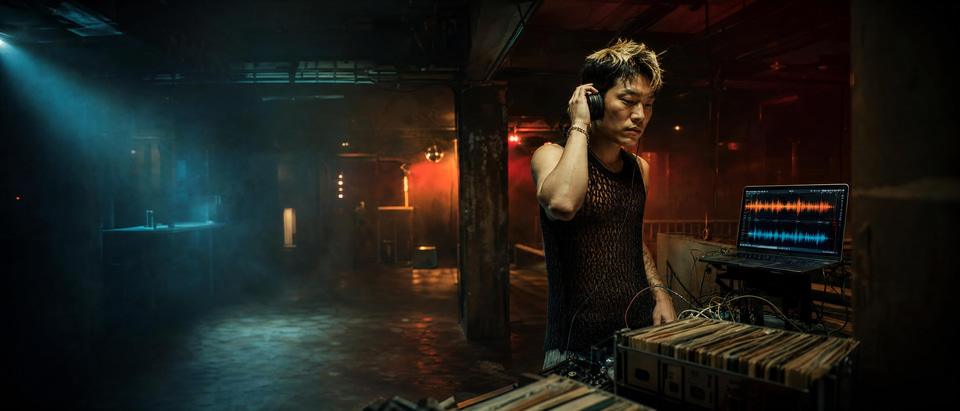 A DJ in an empty club splitting a track into vocal and instrumental parts