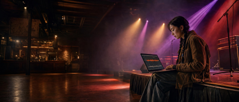 An indie artist at a soundcheck syncing lyrics to her song for the show