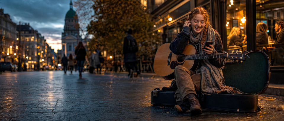 A busker on a city street listening to her recording reborn in a new style