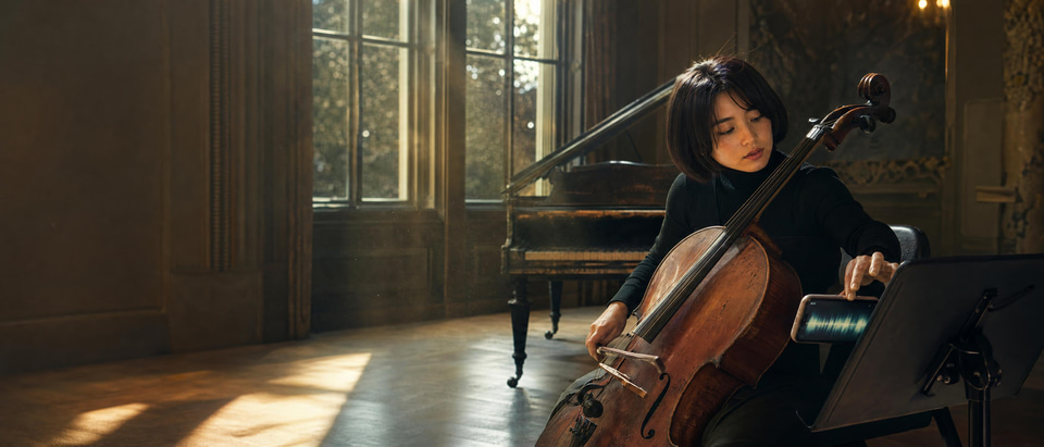 A cellist recording a short phrase on her phone in a practice room