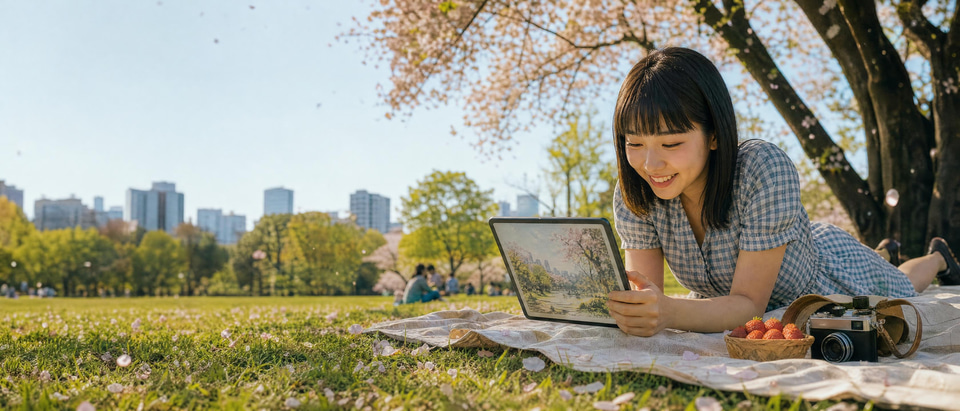 A young woman on a picnic blanket turning her photo into a watercolour painting