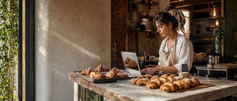 A pop-up bakery owner cleaning up a product photo on her laptop at the counter