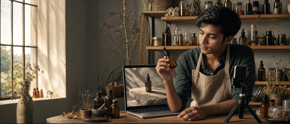 A skincare maker seeing his bottle placed in a polished studio scene