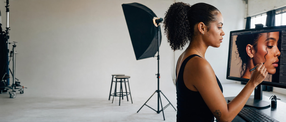 A retoucher tidying flyaway hairs in a portrait in a daylight studio