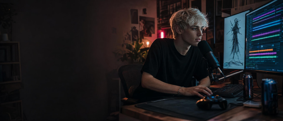 A game developer designing a new character voice at his desk