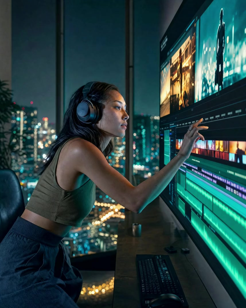 A freelance editor cutting a film at night