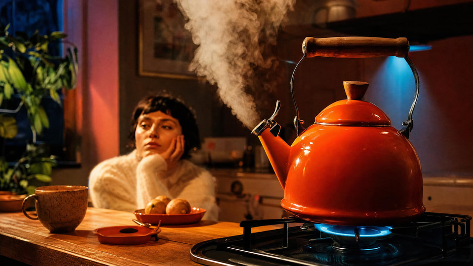 A burnt-orange enamel kettle with a walnut handle on a gas flame