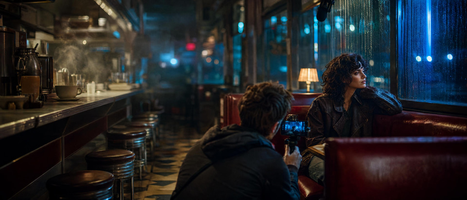 Illustration: a short-film scene in a late-night diner