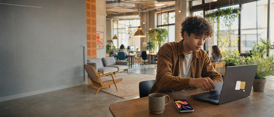 A young marketer dropping an ad into a laptop