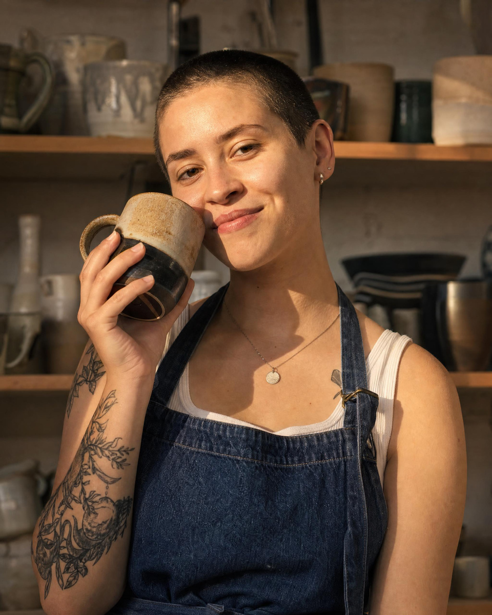 A young founder holding her product in her studio