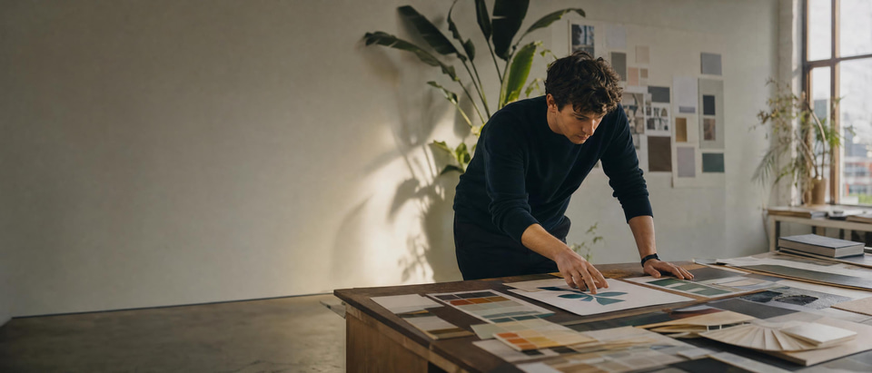 A young founder reviewing colours and logo samples