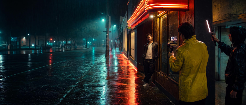 A young crew filming a scene on a rainy street at night