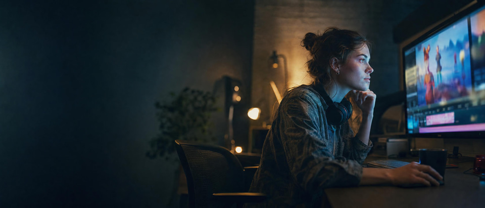 A young editor reviewing takes on a monitor