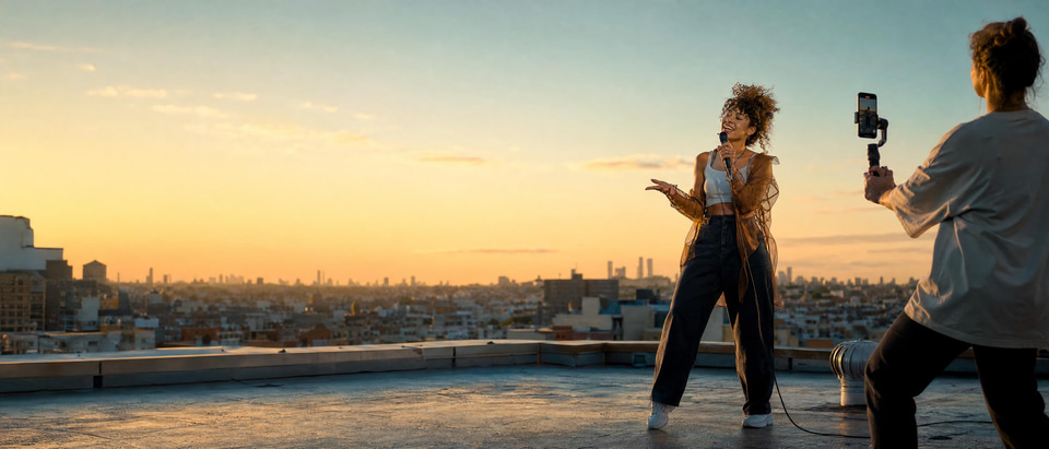 A singer filming a music video for one track
