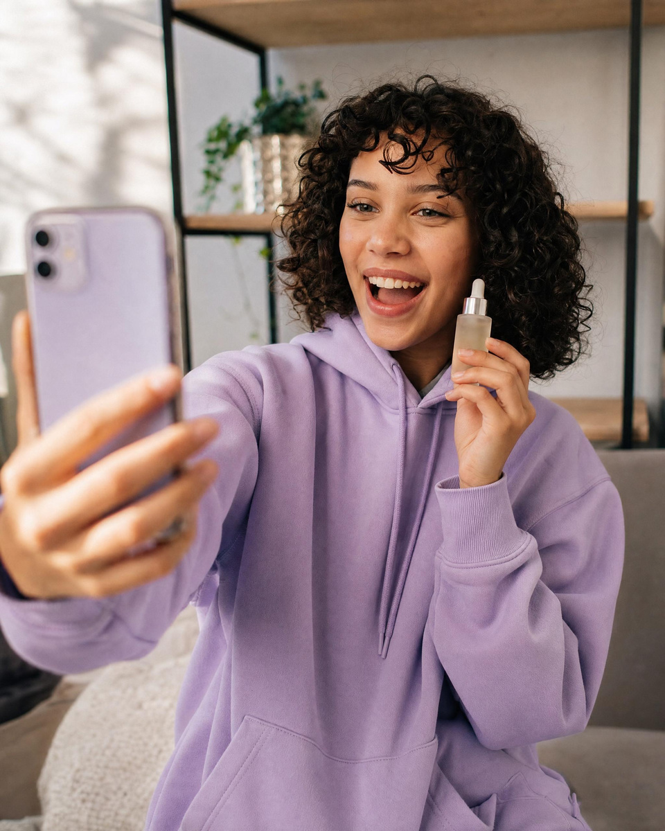 A creator talking to her phone camera with a product