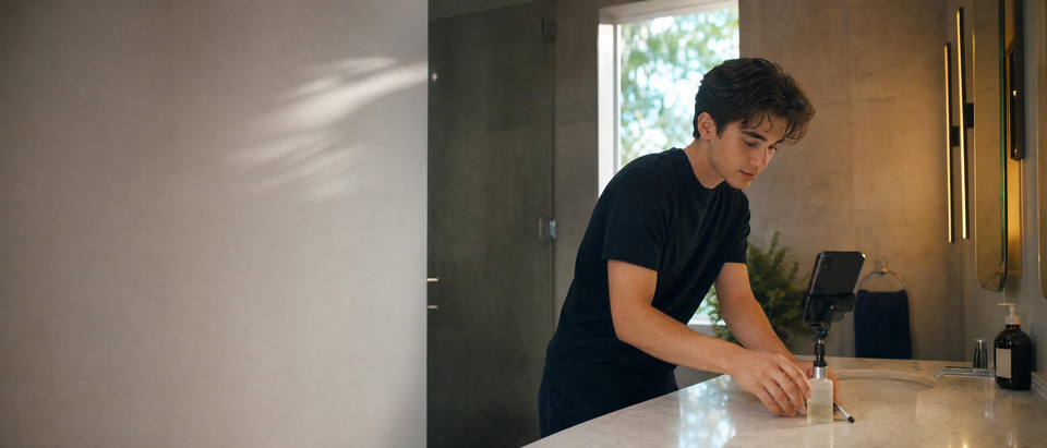 A creator arranging a product to show on camera