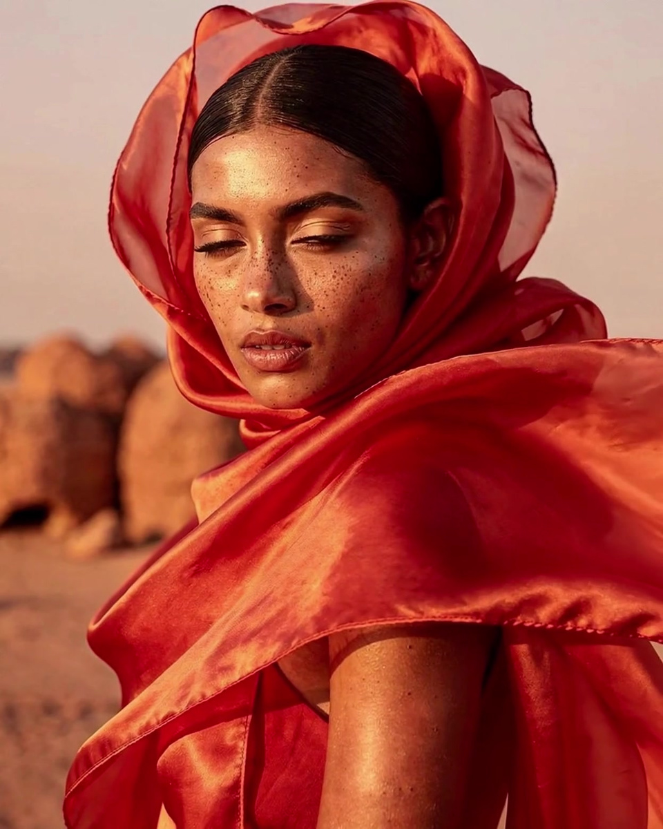Input: The desert fashion reel recreated with a new person on a beach at golden hour