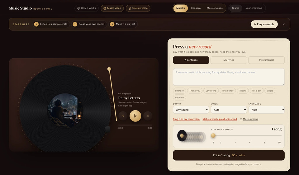 Music Video: Music Studio with your song on the press and the Music video button (screen)