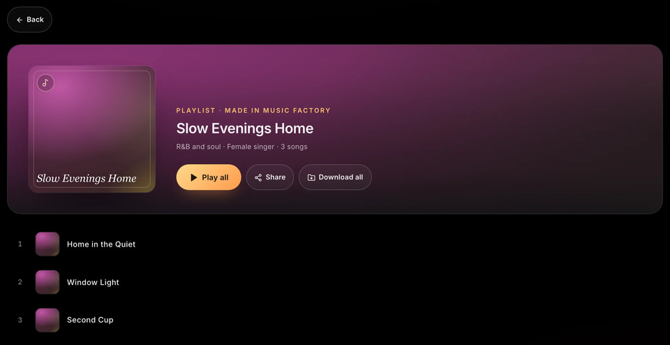 Playlist Channel: a playlist: play all, share, download all and the running order (screen)